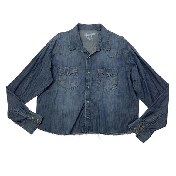 Wrangler Shirt Men XXL Blue Denim Snap Button Premium Long Sleeve Western Cowboy - Picture 1 of 8